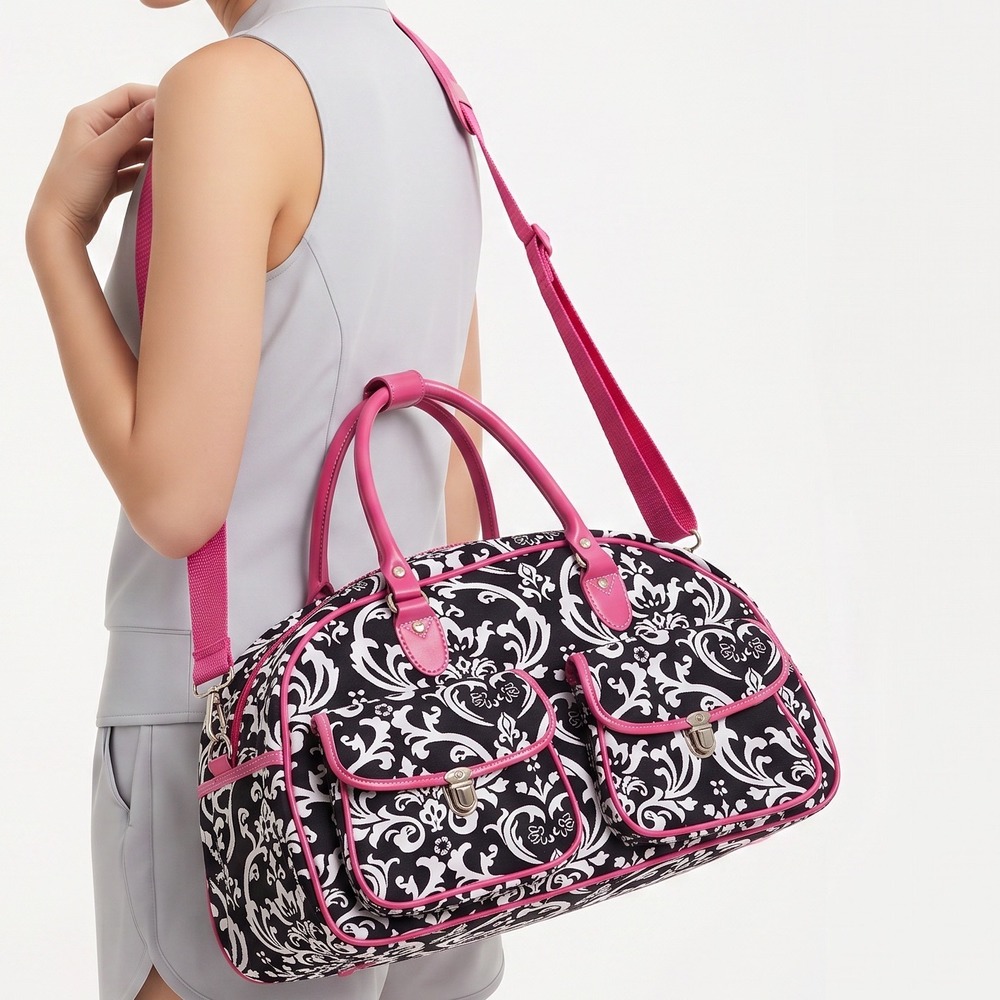 Damask Print Duffel Bag Black White Pink Trim Weekend Travel Carry On Bag
